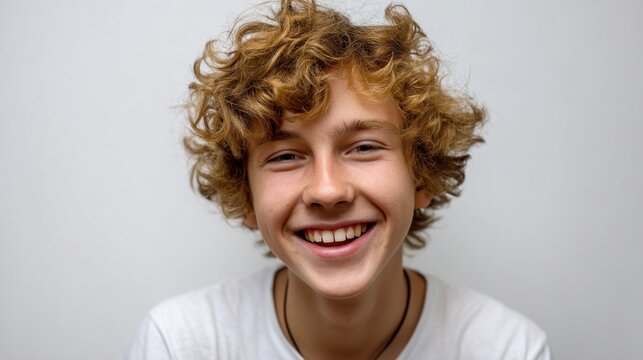 Smiling caucasian teen male with curly blonde hair in white shirt.