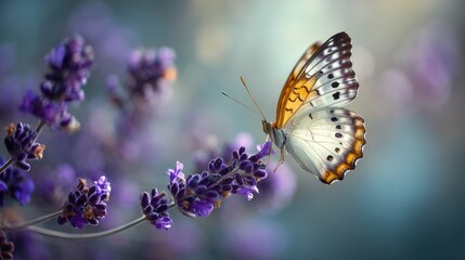 Obraz premium Stunning butterfly perched delicately on vibrant lavender flowers in a soft, dreamy background of light and color, showcasing nature's beauty and tranquility