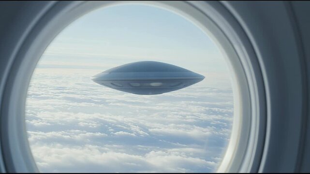 Mysterious unidentified flying object silently hovering amid fluffy white clouds, glimpsed through airplane window during high altitude flight, suggesting potential extraterrestrial encounter