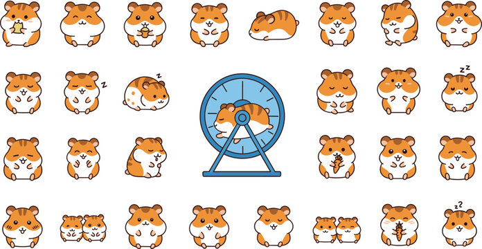 Cute hamster cartoon poses collection with sleeping eating running wheel expressions vector illustration set
