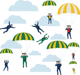 Skydiving and parachuting people collection with freefall and landing poses adventure vector illustration set © Rafikul Creative