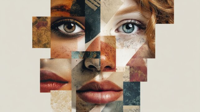 Abstract collage of diverse female faces with colorful textures.