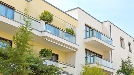 A modern housing complex with clean architectural lines, illuminated by soft daylight.