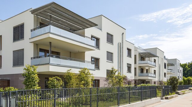 A modern housing complex with clean architectural lines, illuminated by soft daylight.