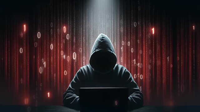 Hacker cyber security data breach cyber attack hooded figure laptop dark room digital code anonymous hacker character cybercrime