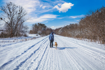 Man with the dog on a leash walks in a snowy road in winter