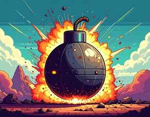 A large bomb explodes in a desert landscape with mountains