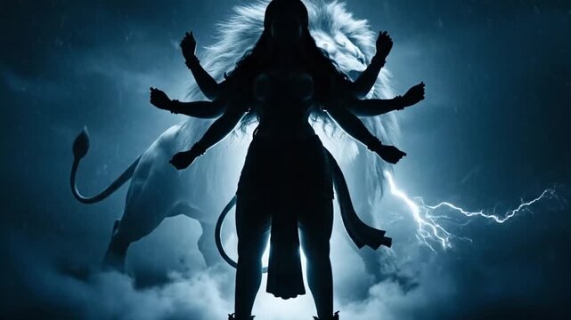 Silhouette of a Multi-Armed Goddess with a Lion Companion.