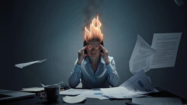 Cinematic 4K video, slow-motion, exhausted woman seated cluttered desk, top head emitting stylized flames, emotional stress, burnout, swirling smoke floating papers, spilled coffee glowing neuron line