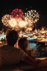 Obraz premium Holiday celebration event. A man and woman seated on a boat, gazing out at a vibrant display of fireworks illuminating the night sky. The man wears a white shirt.