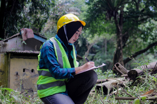 Asian female eco volunteer wearing hijab and hard hat holds a clipboard while inspecting trees in a nature reserve. Forestry engineering, environmental supervision, and conservation fieldwork concept