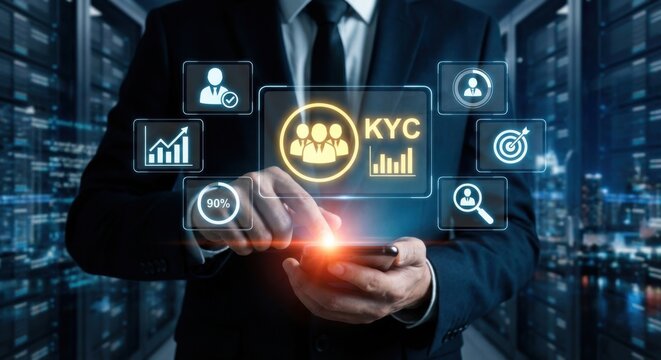 KYC, Know Your Customer, business process for client identity verification. Businessman using smartphone with virtual screen. - Powered by Adobe