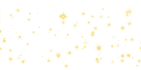 Dust particles, soft flashes of light and small golden yellow stars scattered on a transparent PNG background. Elegant glowing abstract night effect with warm tones.