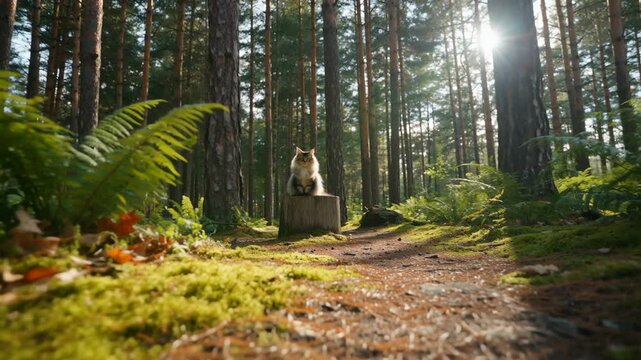 A serene forest scene with bright sunlight filtering through tall pine trees, casting shadows on a mossy path with lush ferns nearby