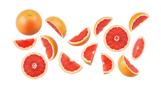 Grapefruit slices and whole citrus fruit flying PNG. Fresh juicy pink grapefruit citrus food flying isolated. Healthy vegetarian vitamin snack ingredients falling. Grapefruits PNG