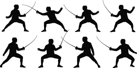 Obraz premium Fencing silhouettes set featuring athletes in dynamic combat poses including lunges, parries, and defensive stances with rapiers for professional sports competition and athletic design projects.