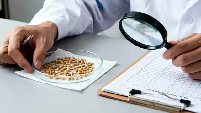 Laboratory technician assessing germination rates of barley seeds with specialized tools focusing on detailed sample preparation and data recording.