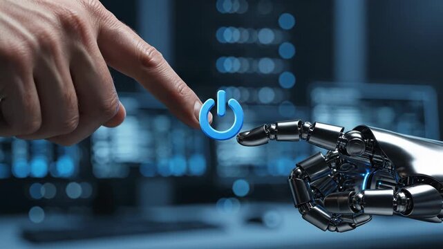Robotic hand interacting with human finger and glowing blue power button
