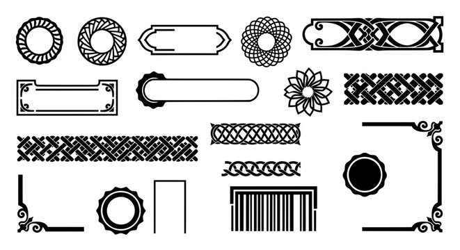 Black and white vector collection featuring text labels, celtic knot borders, vintage frames, and geometric rosettes for certificate design.