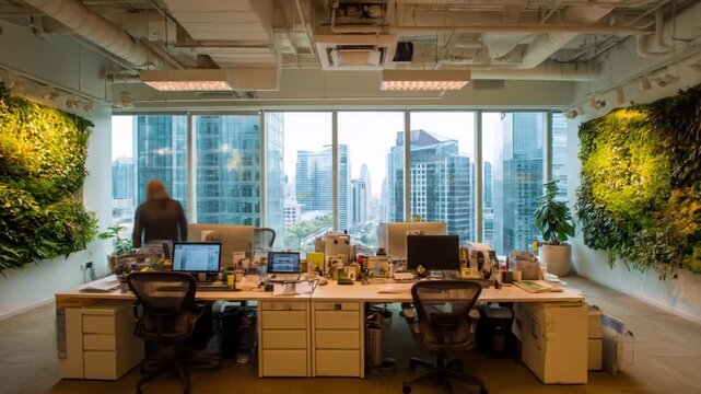 Modern office interior with workstations and outdoor cityscape view