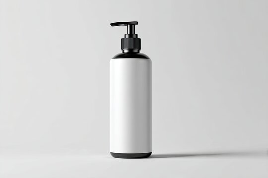Plain tall shampoo bottle with black pump dispenser and white label on a clean studio background, perfect for product mockups