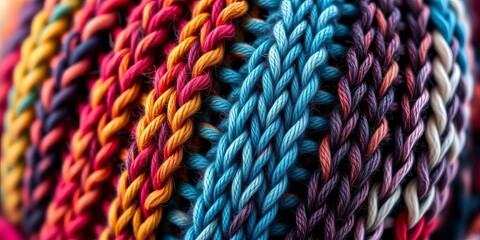 Close-up of a chunky knit wool beanie cap, various colors visible,  outdoor,  textile