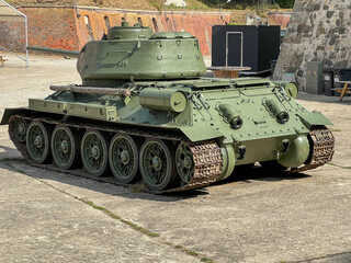 A square with a T-34-85 tank from World War II, inside the Klodzko Fortress in Poland