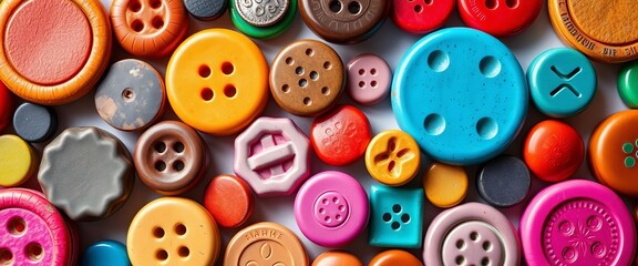 A vibrant set of colorful buttons in various sizes and textures,  metal,  various