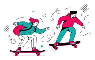 Obraz premium Longboard Skateboarding Vector - Pink & Teal Minimalist Illustration