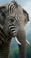 Fototapeta premium Close-up of an elephant head with zebra stripes. Concept represents genetic engineering, mutation, or the unusual, symbolizing change and creativity