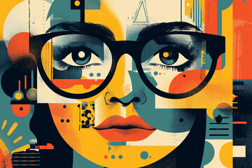 Retro pop art style illustration of hands typing on a laptop with colorful charts and graphs on screen, generative ai