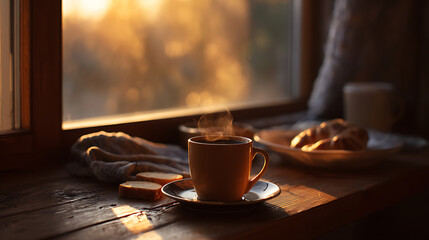 A white coffee cup with a brown liquid in it sits on a table. The table is next to a window with a view of the city