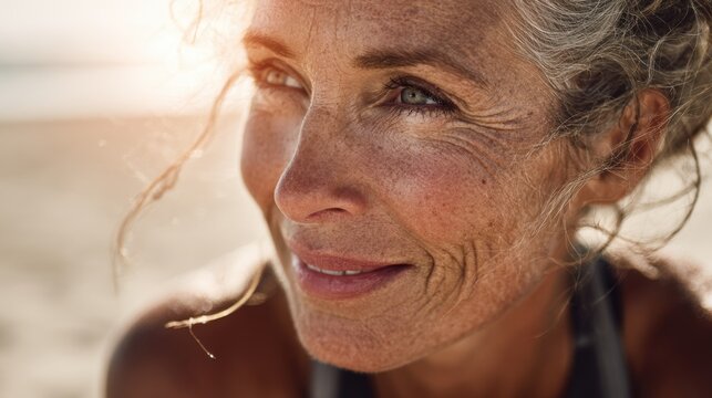 Cardio sports exercise, healthy lifestyle. A closeup portrait of a woman with freckles on her face, set against a blurred background.