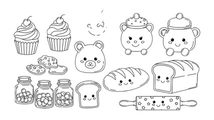 Adorable Bakery Delights: A collection of charming, hand-drawn illustrations featuring cute cupcakes, bear-shaped treats, bread, and other baked goods, perfect for conveying the joy of baking.