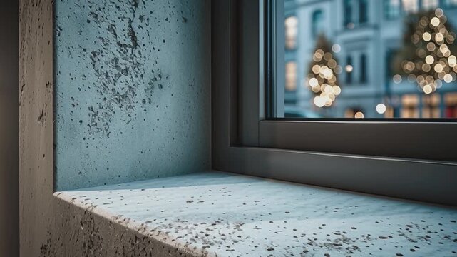 Urban View: A serene interior shot reveals a window framing a captivating street scene, with festive lights hinting at a vibrant city ambiance.