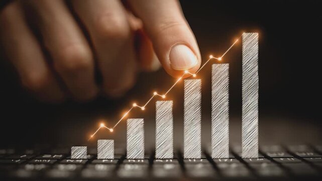 Steady Rise in Business: A hand gracefully traces the upward trajectory of a financial chart, symbolizing growth, progress, and the achievement of business objectives. 
