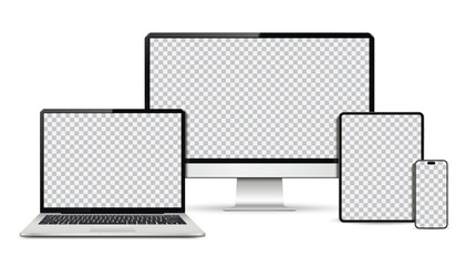 Realistic computer screen, laptop, tablet pc and smartphone mockup. Set technology devices with empty display
