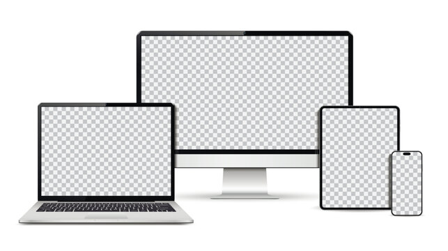 Realistic computer screen, laptop, tablet pc and smartphone mockup. Set technology devices with empty display