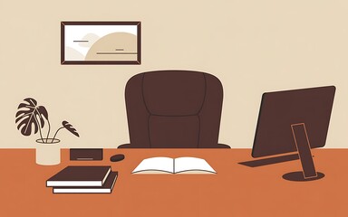 Fototapeta premium Minimalist Home Office Workspace Illustration with Computer and Plant.