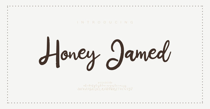 Honey Jamed, Script premium luxury elegant alphabet letters and numbers. Elegant wedding typography classic serif font decorative vintage retro. Creative vector illustration
- Powered by Adobe