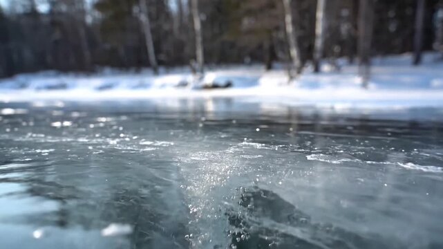 Cracked ice surface on winter lake
