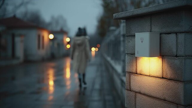 Solitary Stroll in Twilight: A lone figure, enveloped in a coat, walks on a tranquil, rain-kissed pathway, guided by a warm beacon as dusk settles, reflecting a sense of introspection and calm.