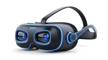 A sleek black virtual reality headset with blue accents on a white background Fundo branco