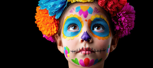 Obraz premium Young girl with traditional Mexican painted face amid vibrant floral headpiece