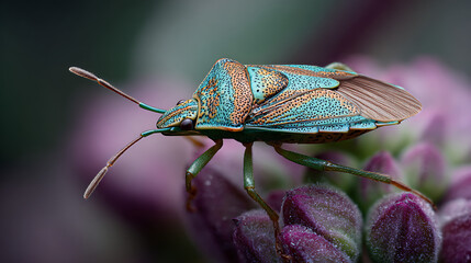 A bug is on a green leaf. The bug is brown and blue