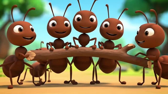 Friendly cartoon ants working together
