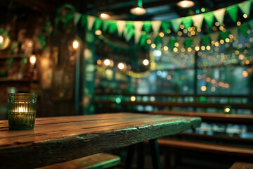 St. Patrick's Day celebration decor inside pub with green lighting and candles