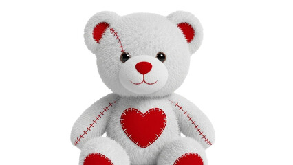 Cute white teddy bear plush toy with red stitched heart patches button eyes adorable romantic valentine love gift soft stuffed animal PNG transparent background