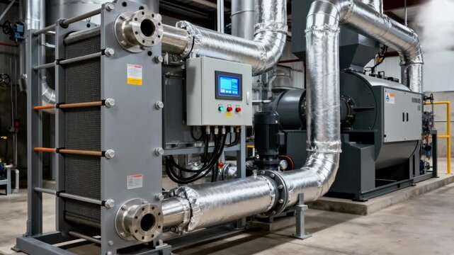 Medium shot of an energyefficient roasting system featuring plate heat exchangers transferring heat to incoming air with visible control panels and insulated piping in an