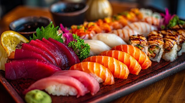A colorful sushi platter with sashimi and nigiri 